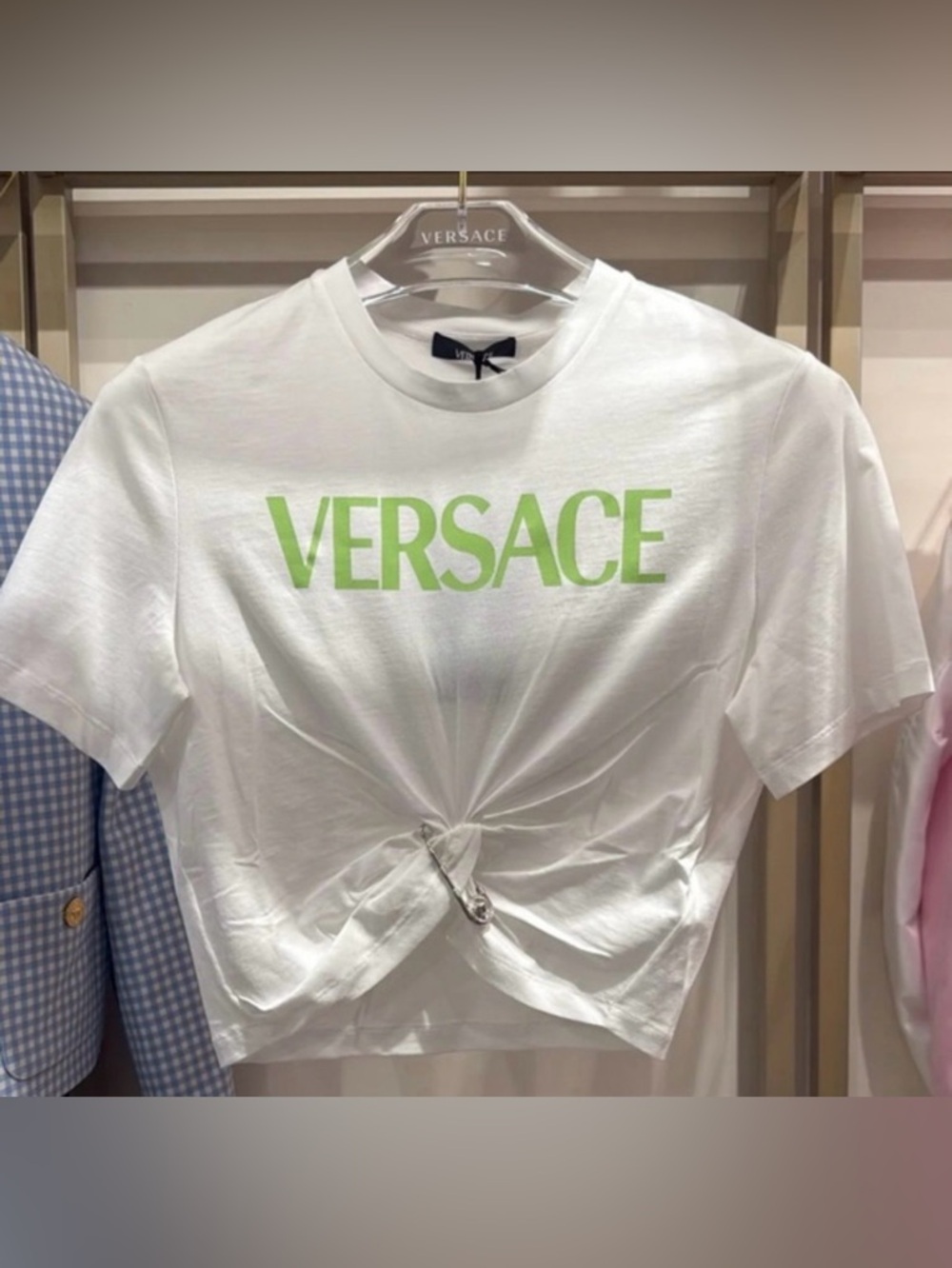 Versace White Cropped Logo T-Shirt with Lime Green Print